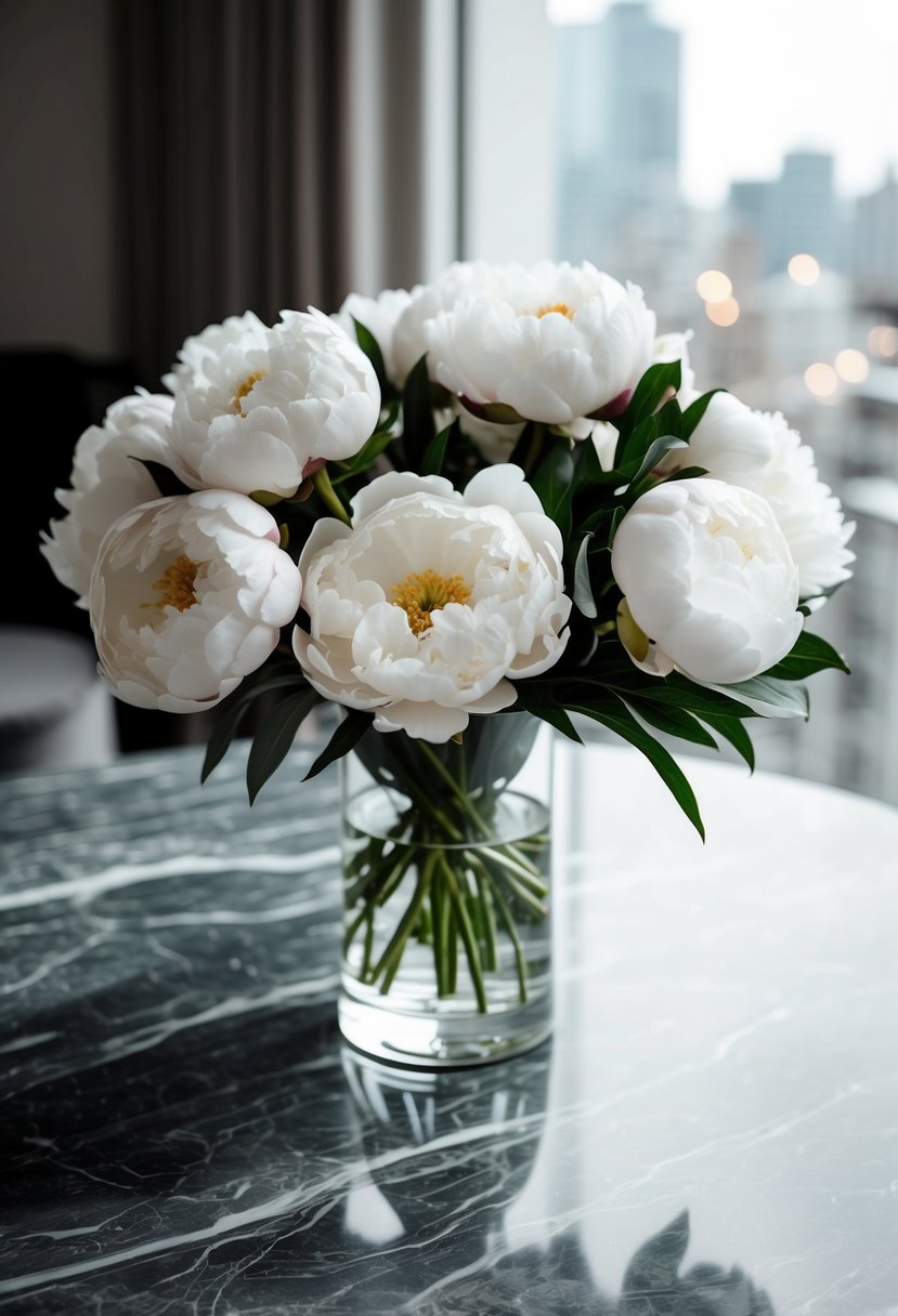 A modern wedding bouquet of monochrome white peonies in a sleek glass vase on a marble table