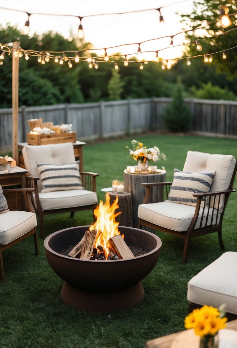 A cozy backyard wedding with a designated s'mores and bonfire station, complete with a rustic fire pit, comfortable seating, and twinkling string lights overhead