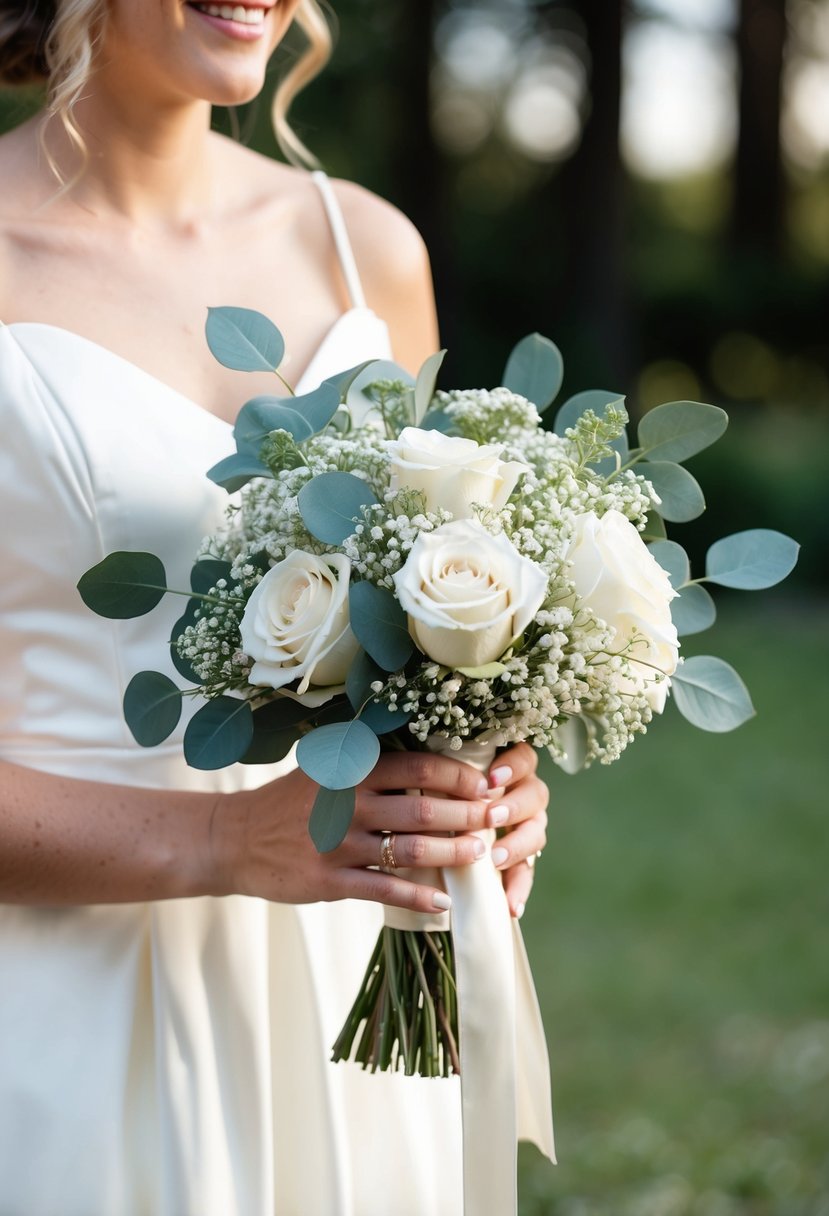 A maid of honor holds a bouquet of white roses, eucalyptus, and baby's breath, tied with a satin ribbon