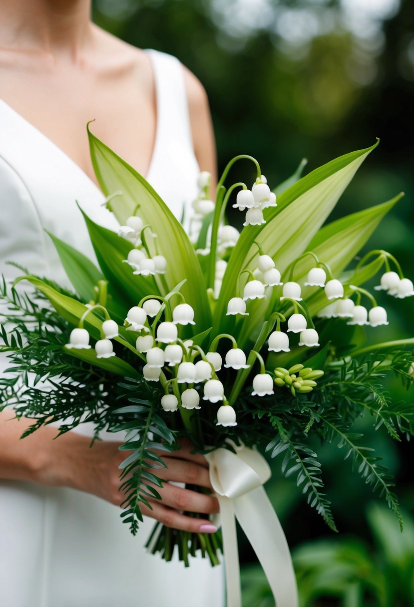 A modern wedding bouquet featuring delicate Lily of the Valley, surrounded by lush greenery and accented with minimalistic ribbon