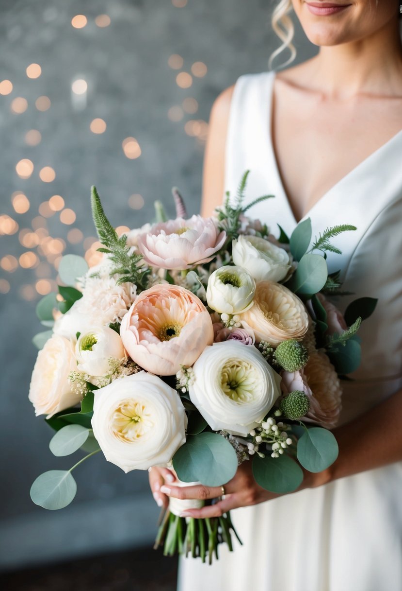 A modern wedding bouquet with soft pastel hues