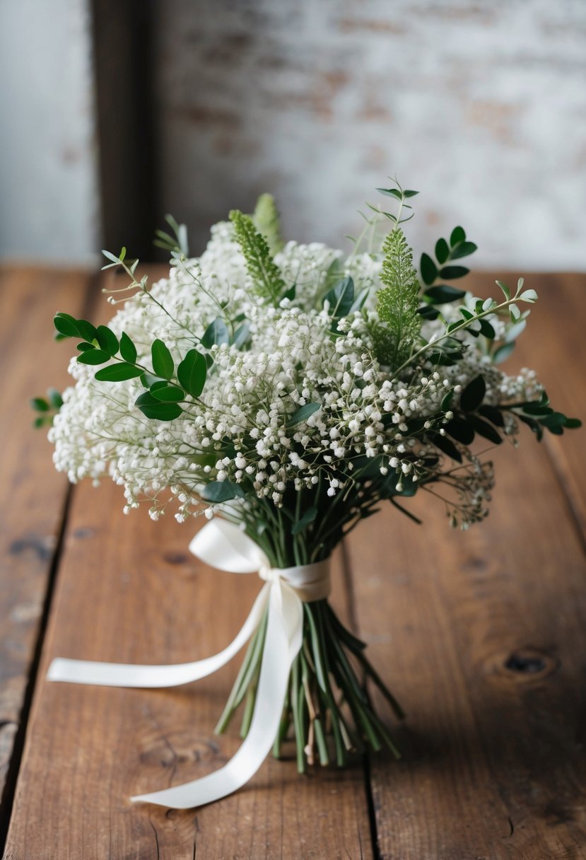 A delicate bouquet of baby's breath and greenery, tied with a simple ribbon, sits on a rustic wooden table