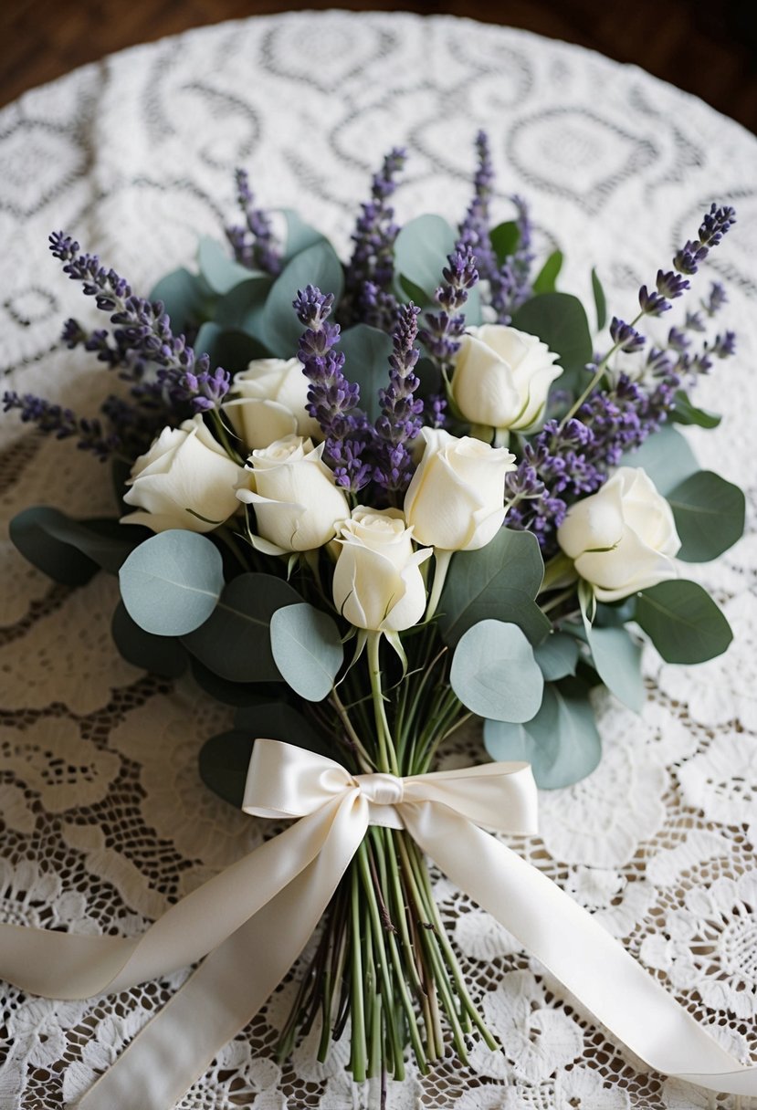 A bouquet of lavender, eucalyptus, and white roses tied with a satin ribbon, resting on a vintage lace tablecloth