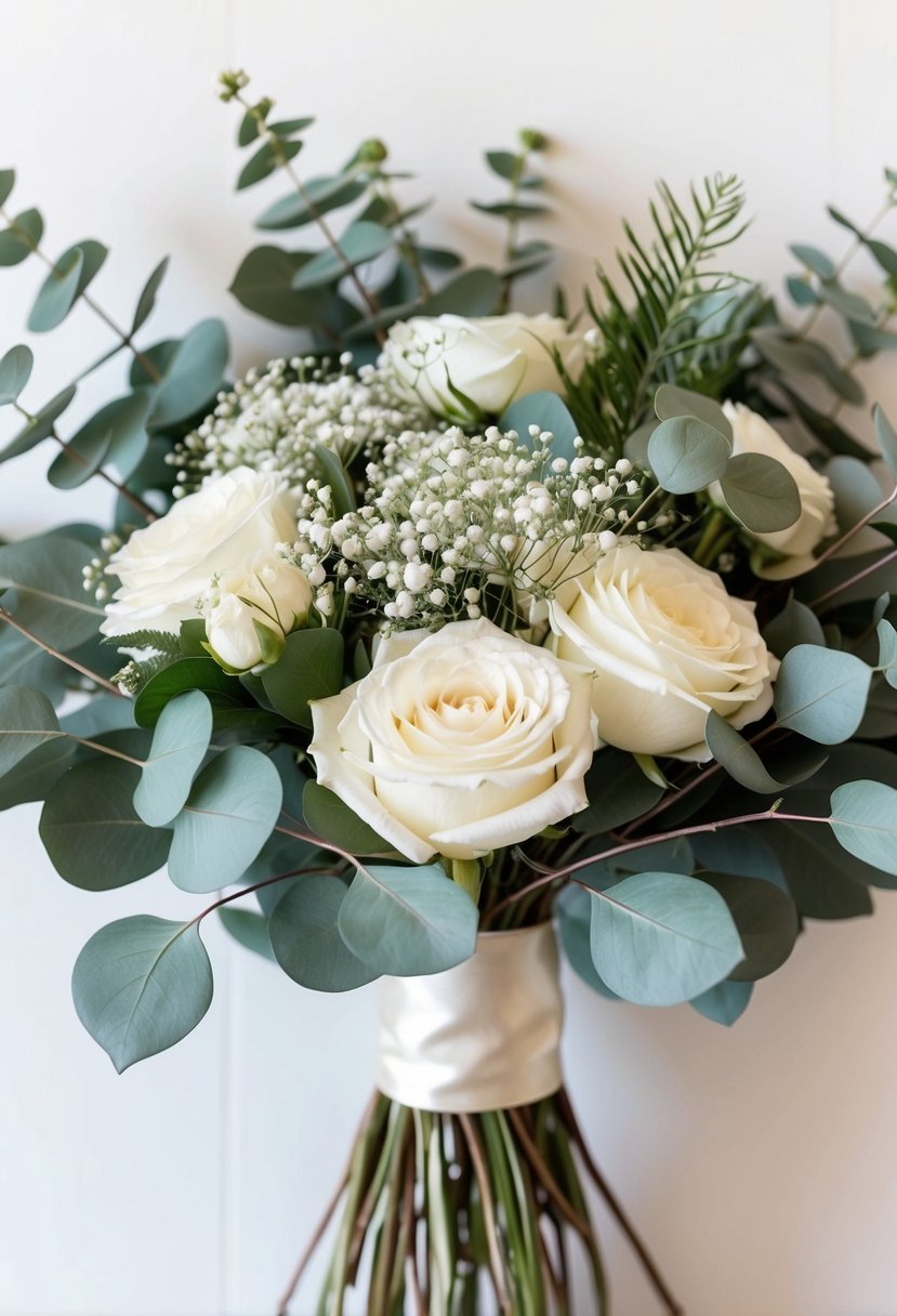 A lush bouquet of eucalyptus leaves, white roses, and delicate baby's breath, wrapped in ivory satin ribbon