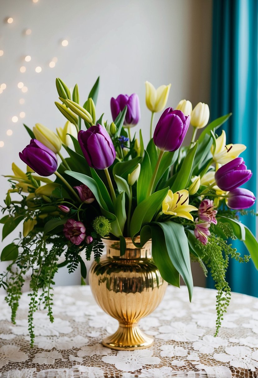 A vibrant bouquet of tulips, lilies, and greenery arranged in a gold-trimmed vase on a lace-covered table