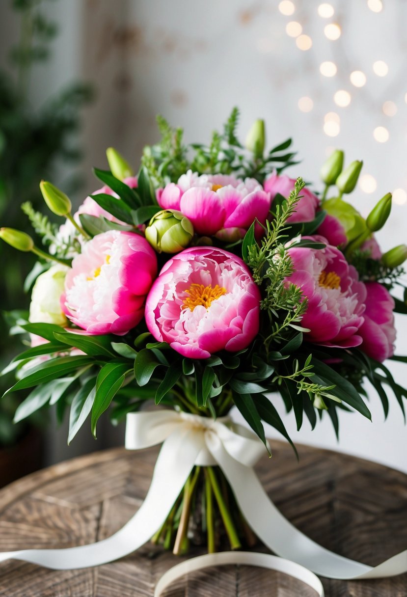 A lush, vibrant bouquet of peonies, accented with delicate greenery and tied with flowing ribbon