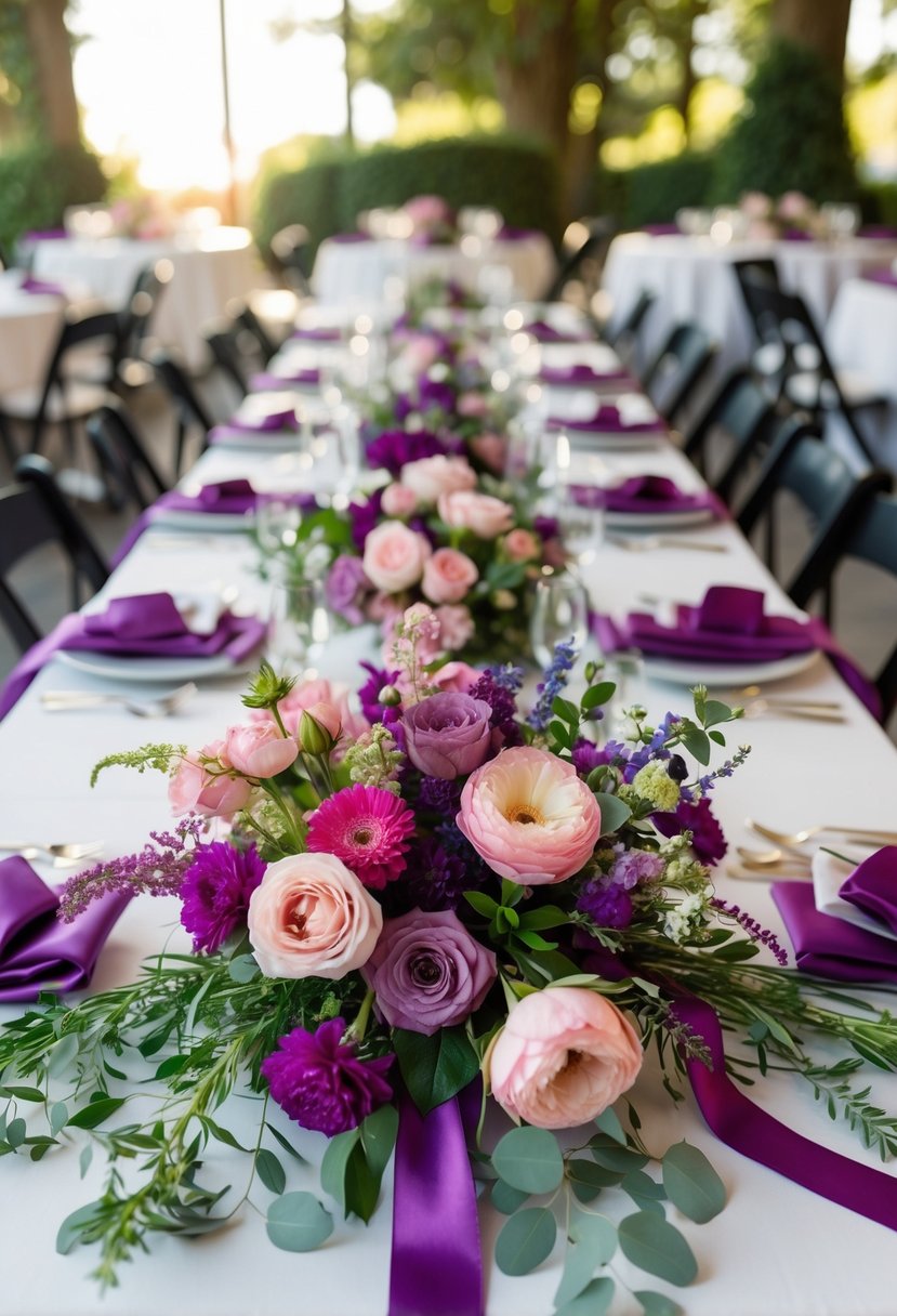 A table scattered with various floral arrangements in shades of pink and purple, with ribbons and greenery intertwined