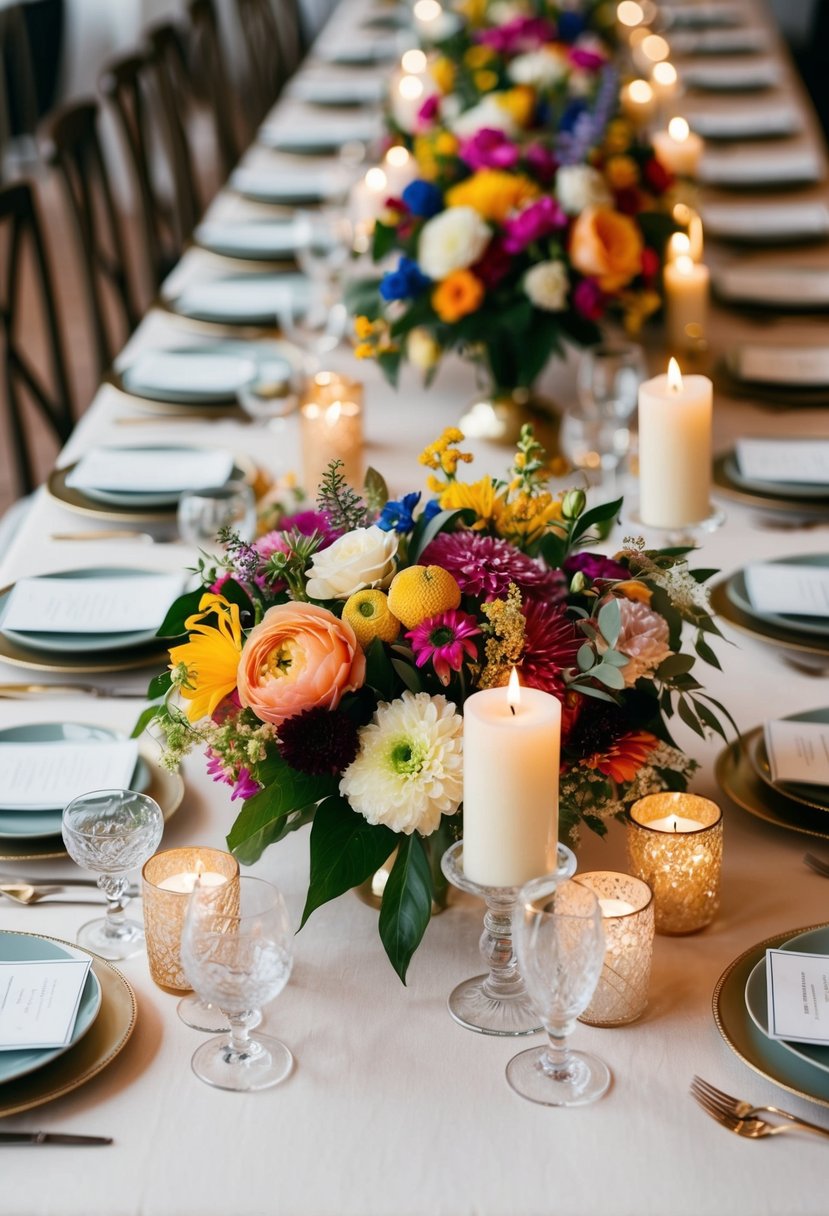 A table adorned with colorful floral centerpieces, surrounded by delicate candles and elegant place settings