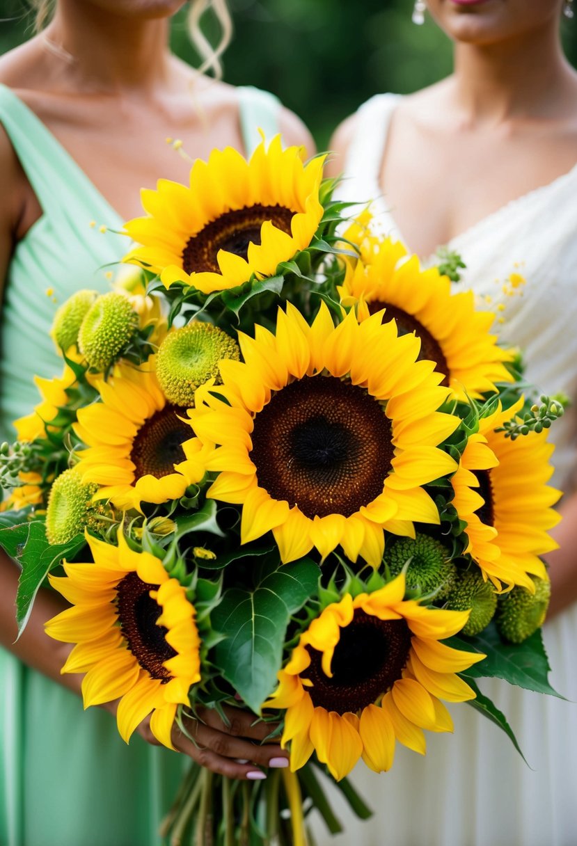 A vibrant sunflower bouquet with splashes of yellow and green, perfect for a maid of honour at a wedding