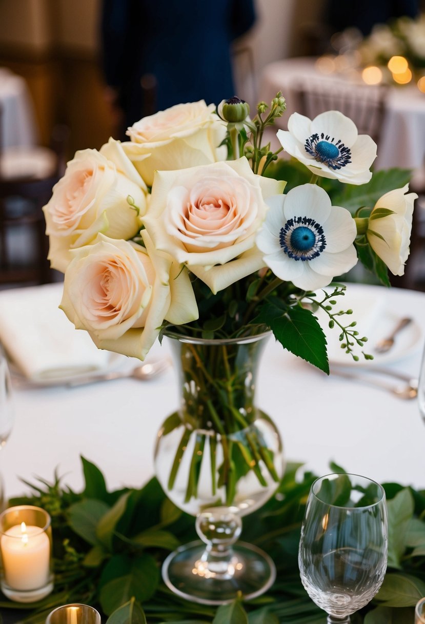 A floral centerpiece with garden roses and anemones in a glass vase on a wedding reception table