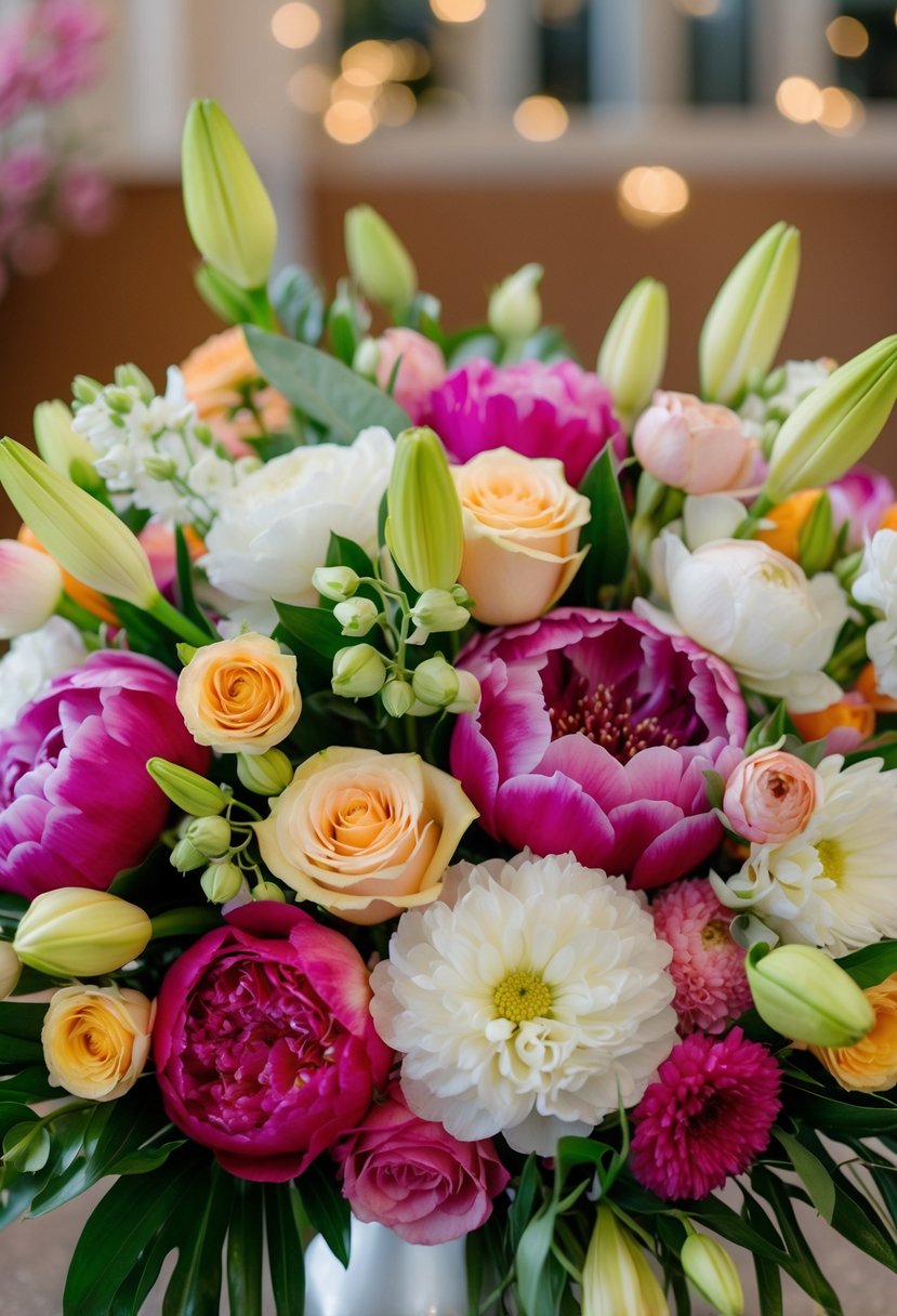 A colorful array of fresh flowers, including roses, peonies, and lilies, arranged in an elegant and intricate wedding bouquet