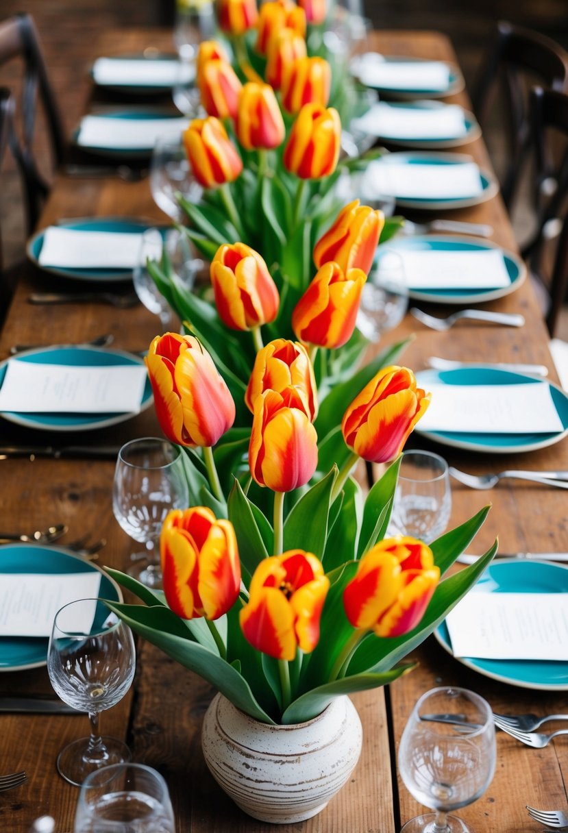 A rustic table adorned with a vibrant arrangement of parrot tulips, creating a stunning floral centerpiece for a wedding celebration