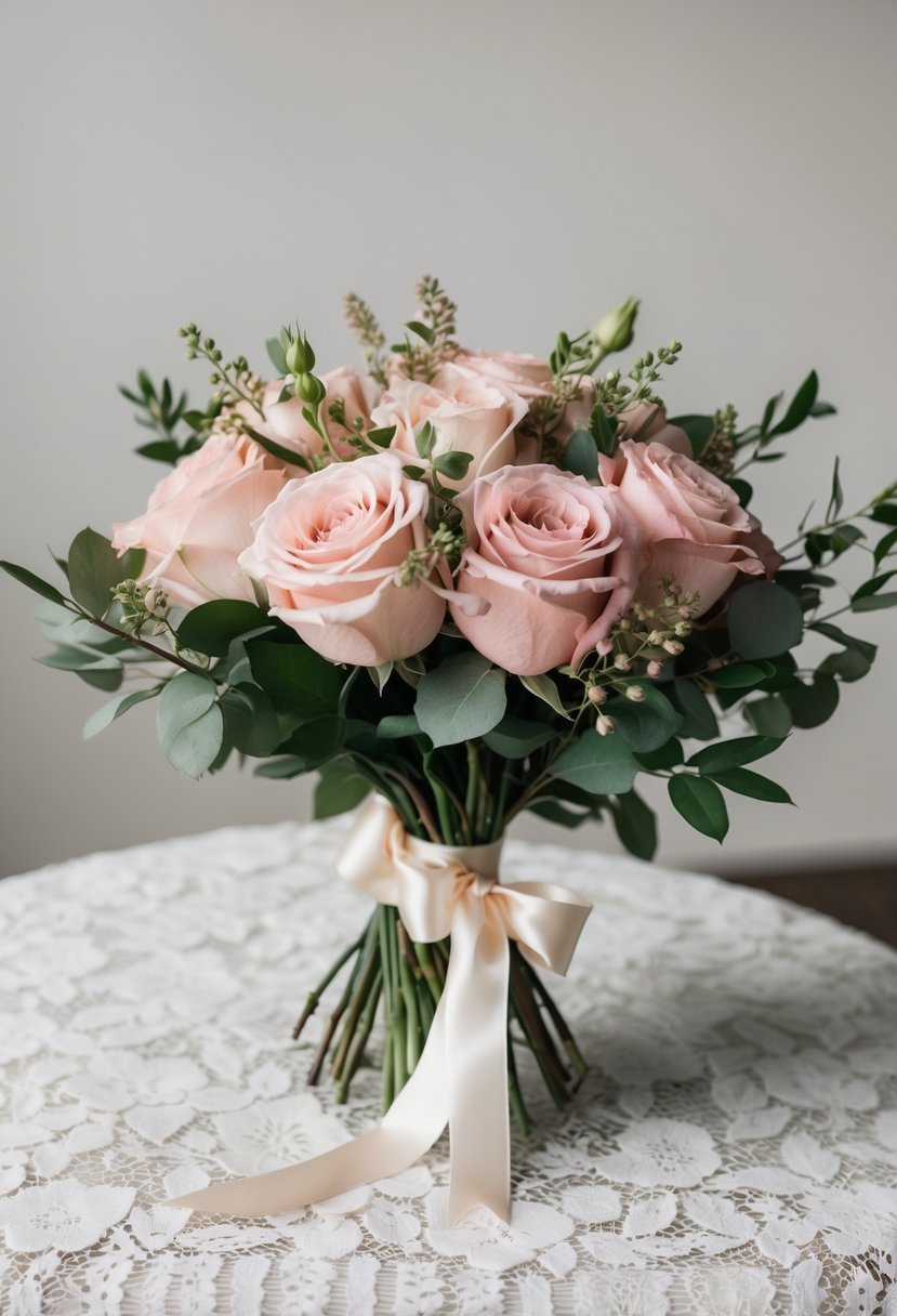 A delicate bouquet of blush roses and greenery, tied with a satin ribbon, rests on a lace-covered table