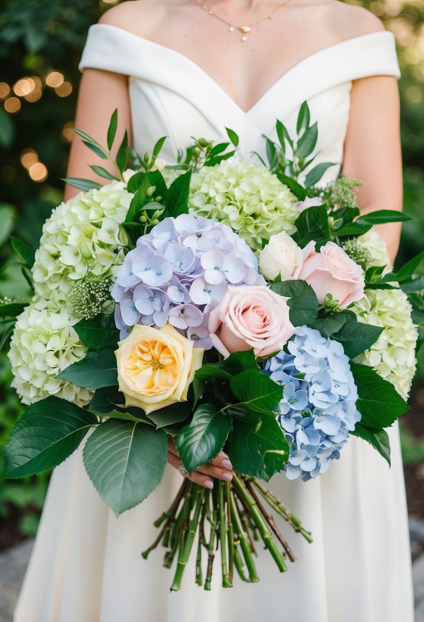 A lush bouquet of hydrangeas, roses, and greenery arranged in a harmonious and elegant composition