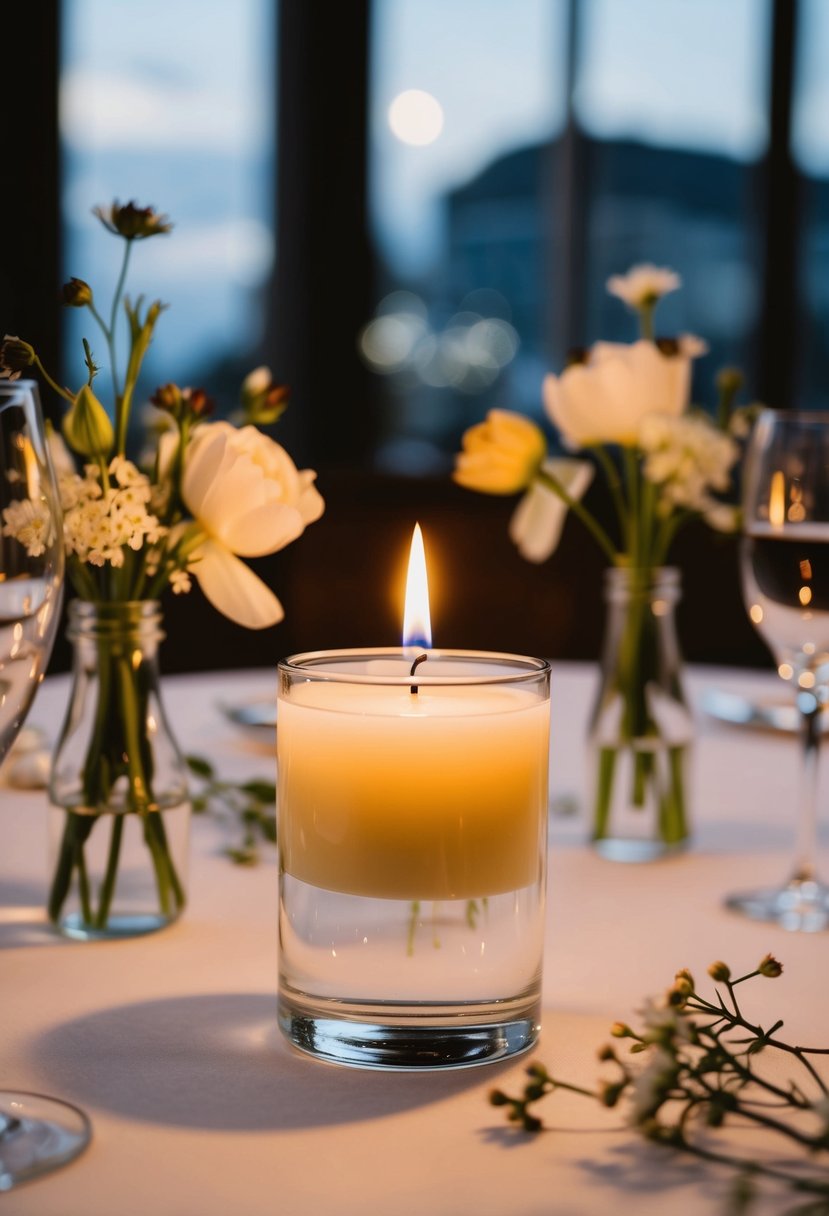 A single floating candle surrounded by delicate flowers on a wedding table