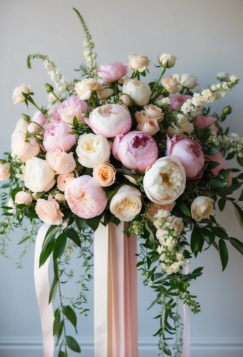 A lush bouquet of classic roses and peonies, arranged in a cascading mix of soft pinks and creamy whites, with delicate greenery and trailing ribbons