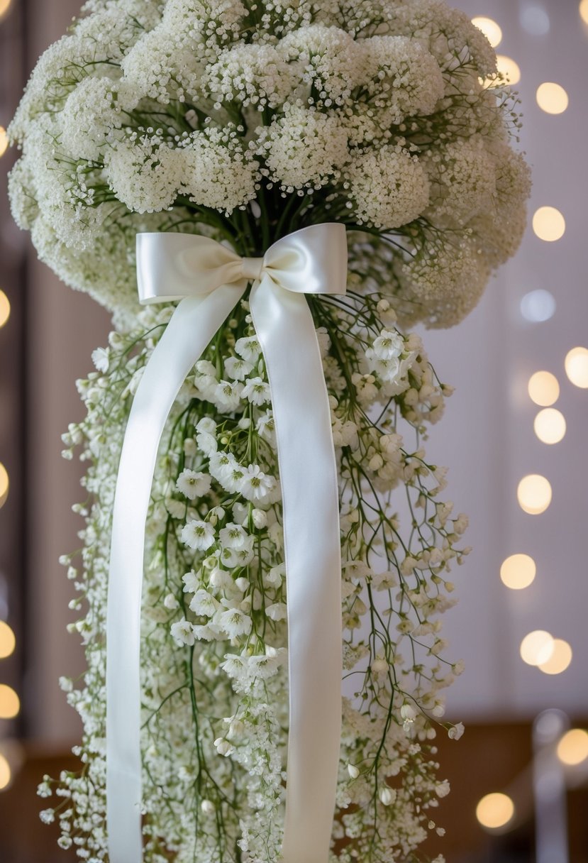 A cascading bouquet of delicate gypsophila, accented with shimmering crystals and satin ribbon, arranged in a stunning display