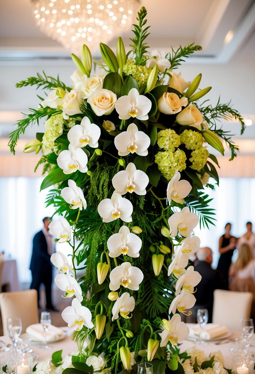 A lush bouquet of cascading orchids and lilies, intricately arranged with greenery, creates a stunning wedding centerpiece