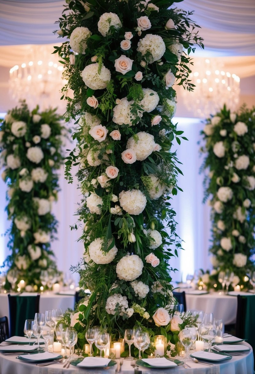 Towering floral centerpieces with cascading blooms and lush greenery, creating a dramatic focal point for a wedding table