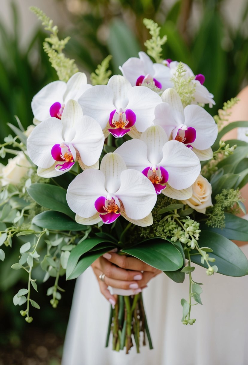 An open orchid bouquet surrounded by light and airy greenery, perfect for a maid of honour at a wedding