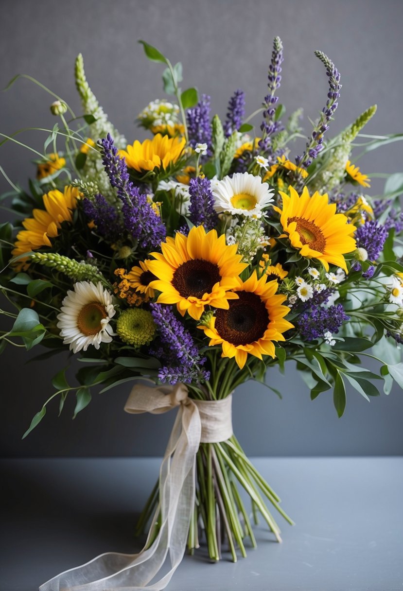 A vibrant bouquet of wildflowers, including daisies, lavender, and sunflowers, arranged in a rustic, hand-tied style with flowing greenery and delicate ribbon