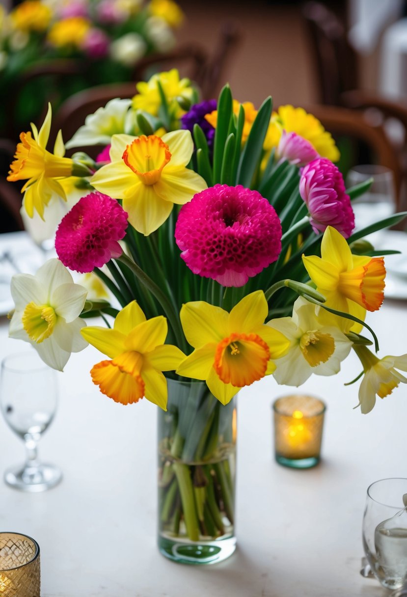 A colorful mix of ranunculus and daffodils arranged in a glass vase as a wedding table centerpiece