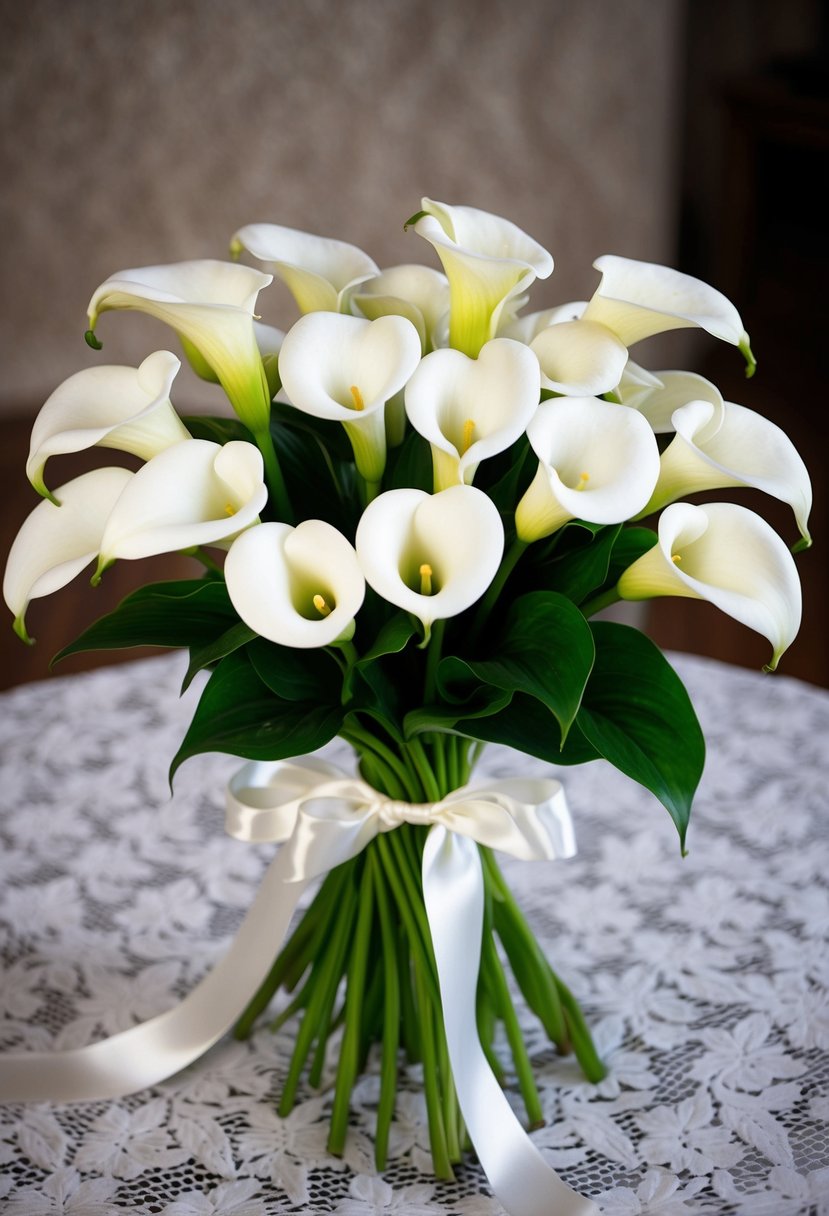 A delicate bouquet of white calla lilies tied with a satin ribbon rests on a lace tablecloth