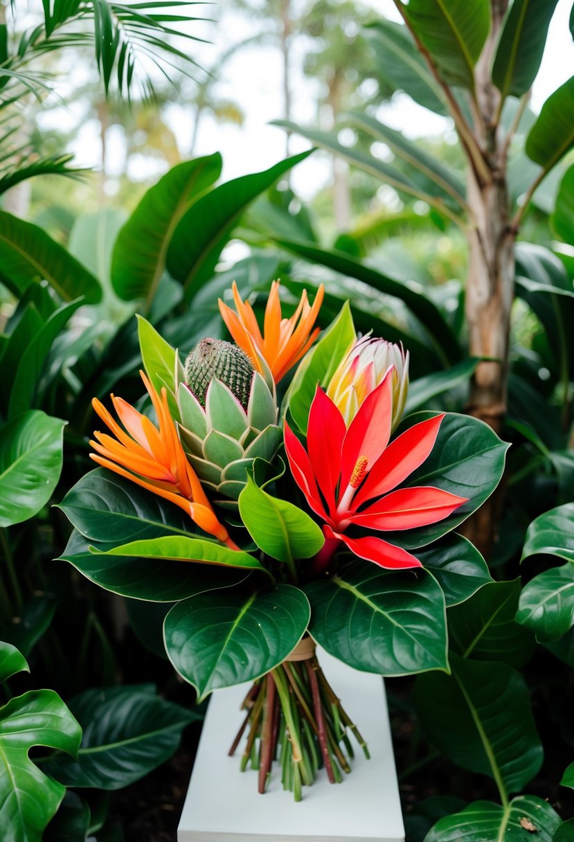 A vibrant bouquet of anthurium and protea surrounded by lush tropical foliage