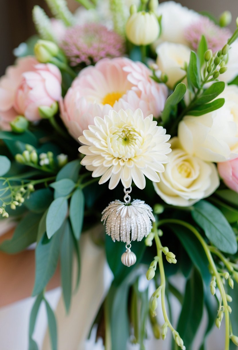 A delicate chrysanthemum charm dangles from a lush bridal bouquet, accented with soft pastel blooms and trailing greenery