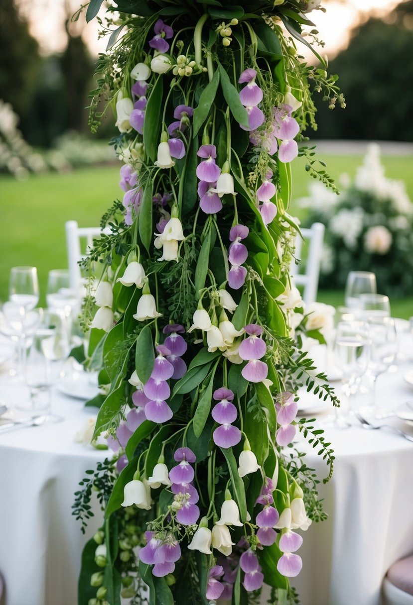 A lush, cascading arrangement of sweet peas and greenery adorns a wedding table, creating a romantic and elegant floral centerpiece