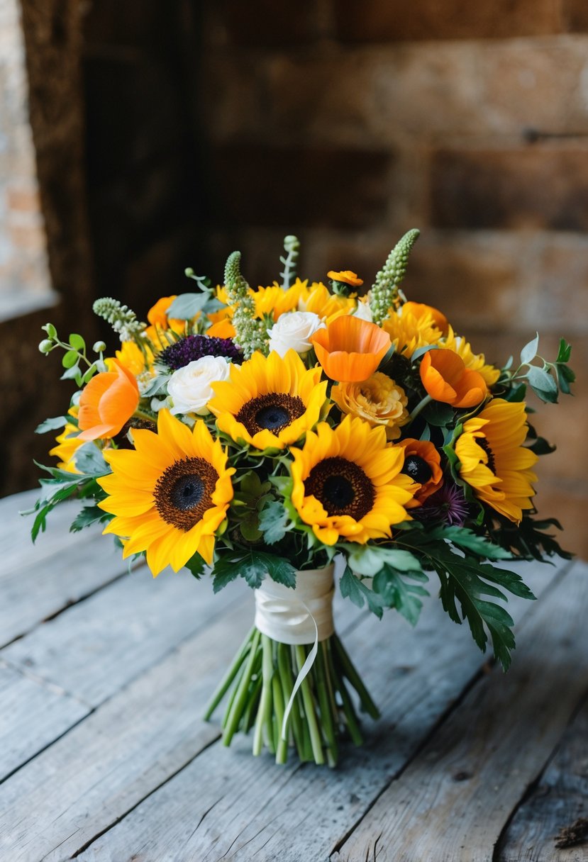 A vibrant wedding bouquet featuring sunflowers and poppies in a rustic setting