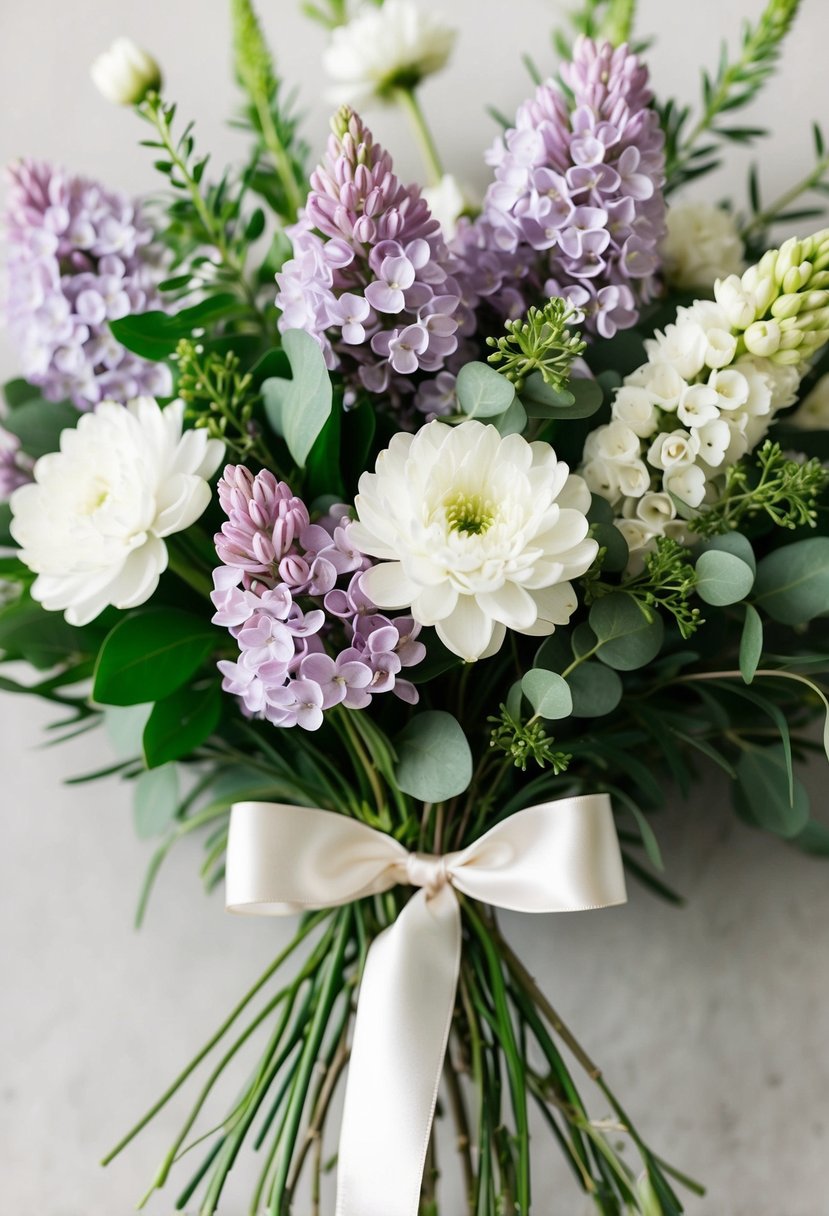 A delicate arrangement of lilac and white flowers with greenery, tied with a satin ribbon