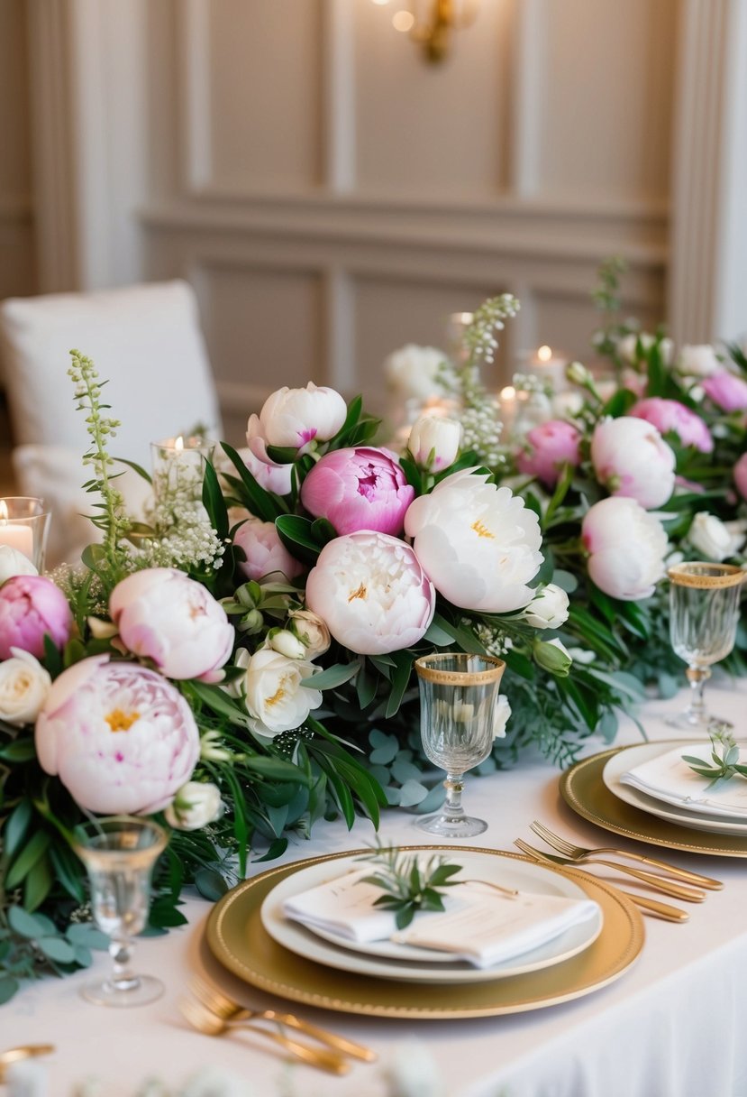 A table adorned with lush peony centerpieces, elegant floral arrangements, and delicate accents in a romantic wedding setting