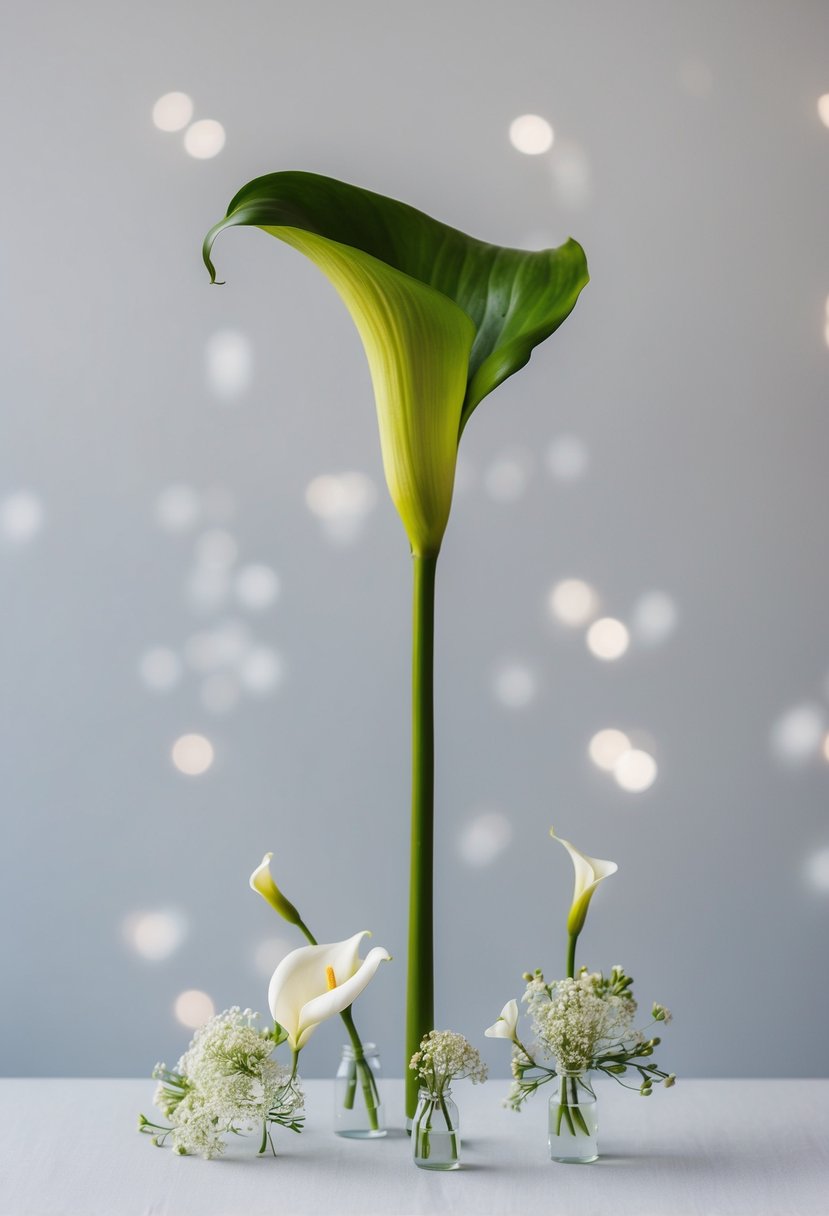 A single, large Calla Lily stands out among smaller, delicate flowers in a minimalist, elegant wedding bouquet