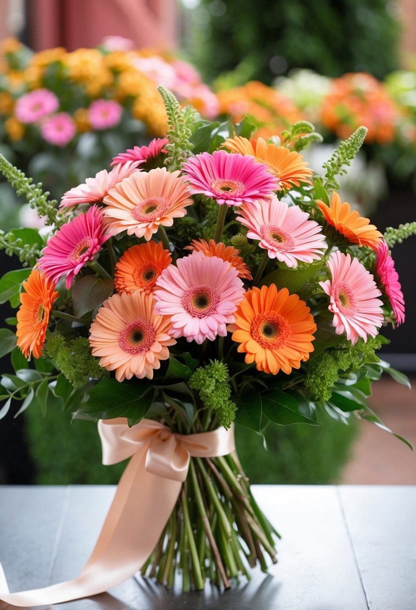 A vibrant bouquet of Gerbera daisies in various shades of pink and orange, accented with lush greenery and tied with a satin ribbon