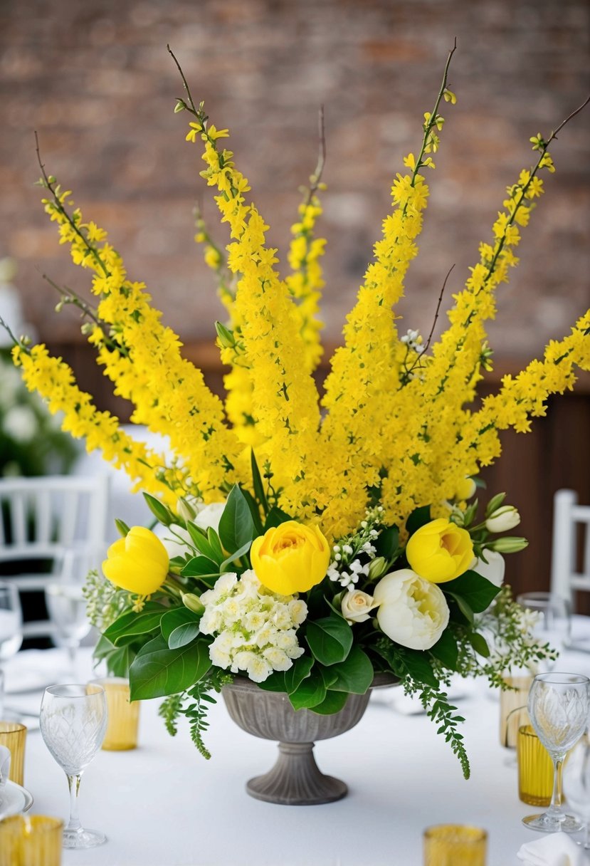 A vibrant yellow forsythia centerpiece adorns a wedding table, accented with delicate spring florals