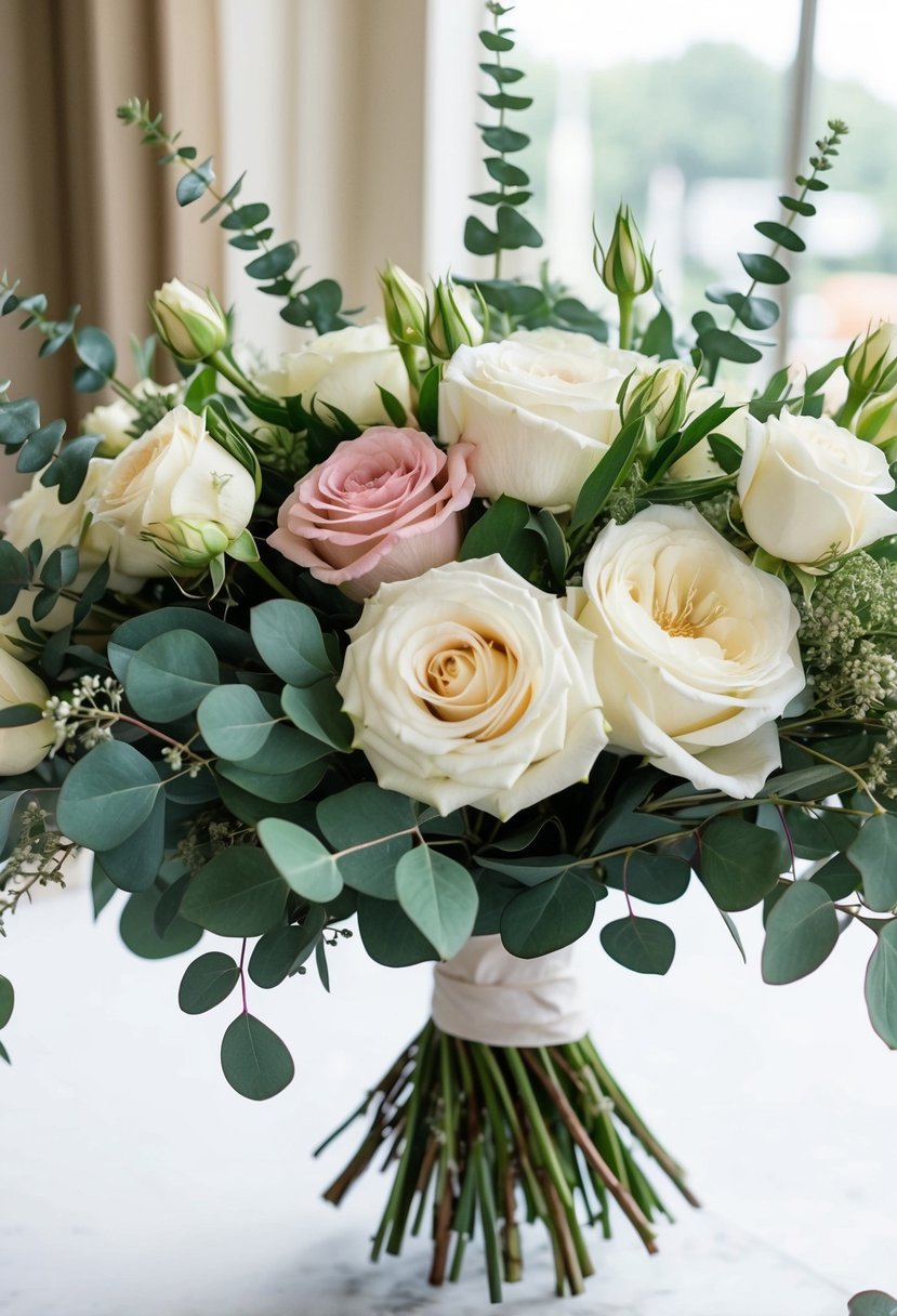 A lush bouquet of garden roses and eucalyptus, arranged in a romantic and stunning wedding display