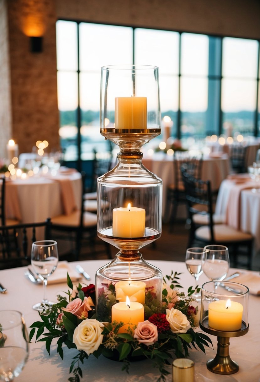 A tri-level candle vase display with floral wedding table decorations