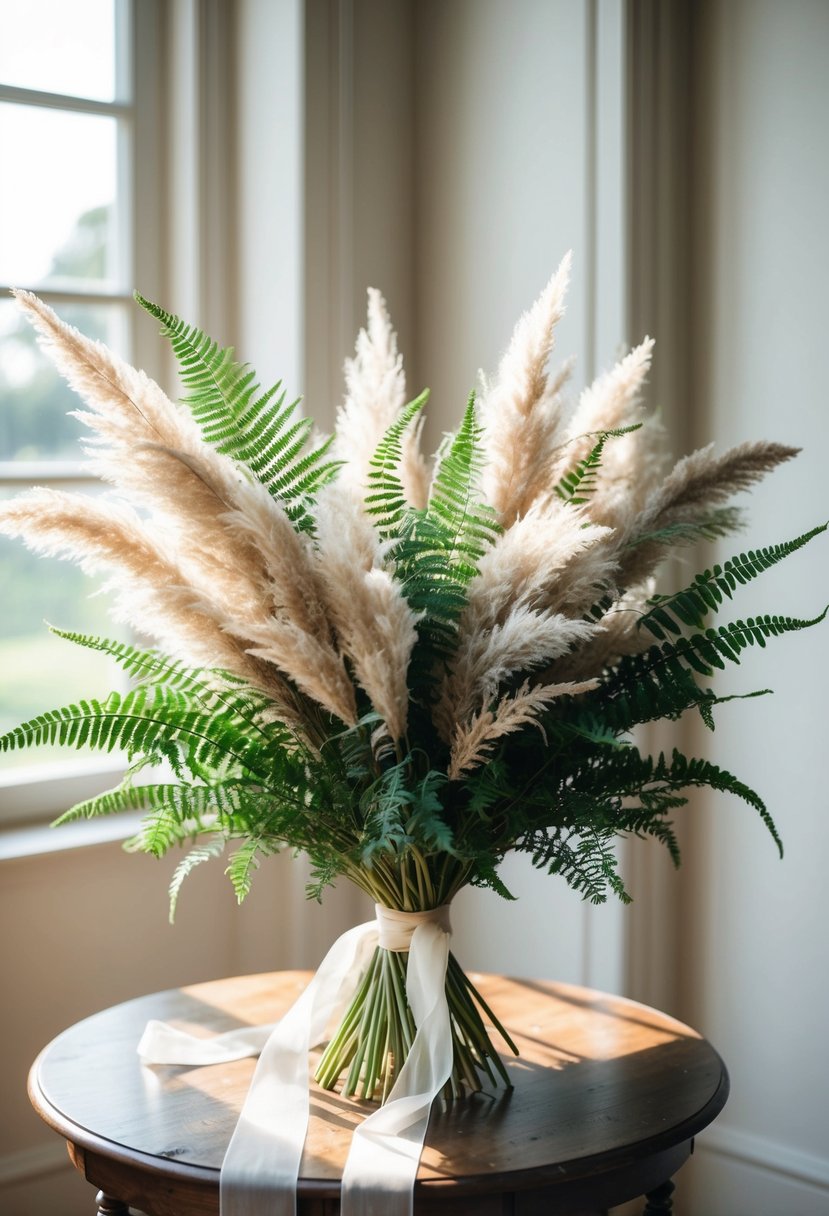 A lush bouquet of pampas grass and ferns, tied with a flowing ribbon, sits atop a vintage wooden table. Sunshine filters through a nearby window, casting a soft glow on the delicate fronds