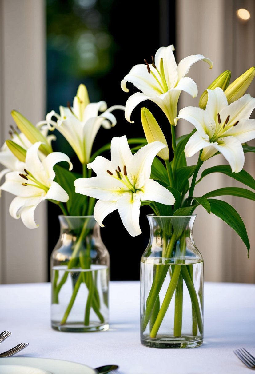 A simple, elegant table adorned with white lilies in glass vases