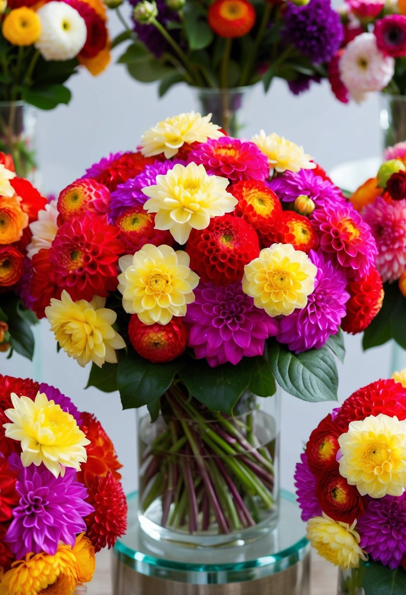 A vibrant bouquet of dahlias and ranunculus arranged in a stunning display