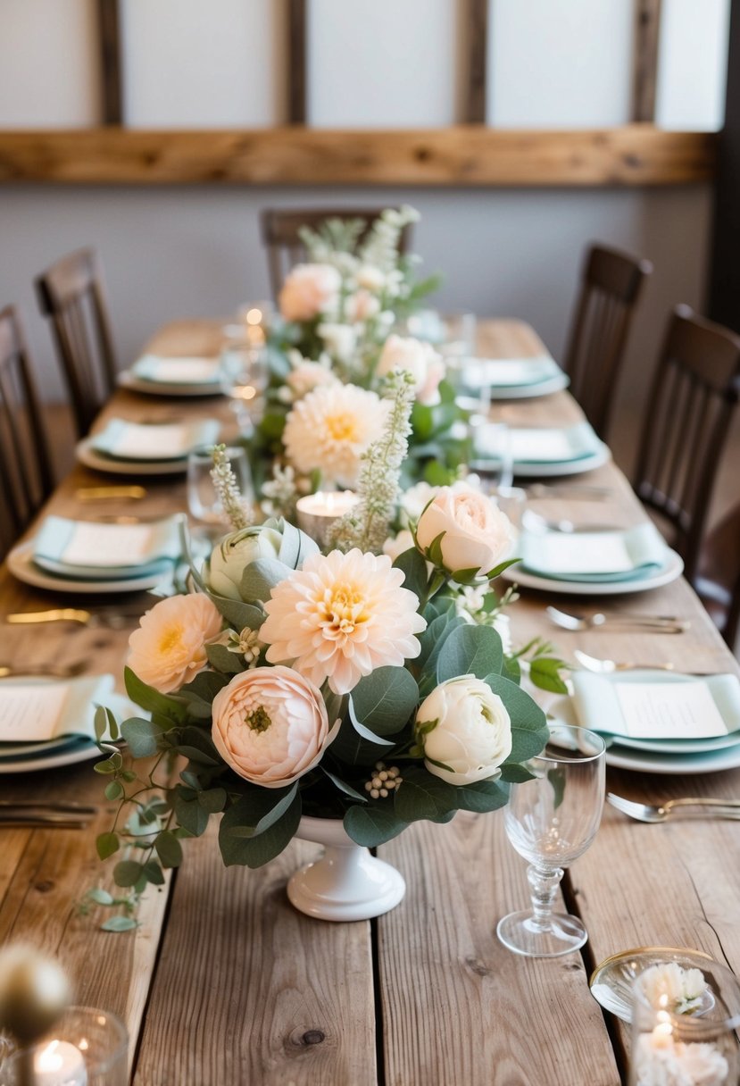 A rustic wooden table adorned with budget-friendly faux florals in soft pastel hues, creating a charming and elegant wedding centerpiece