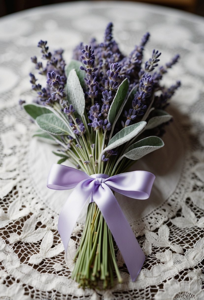 A delicate posy of lavender and sage, tied with a satin ribbon, rests on a vintage lace tablecloth