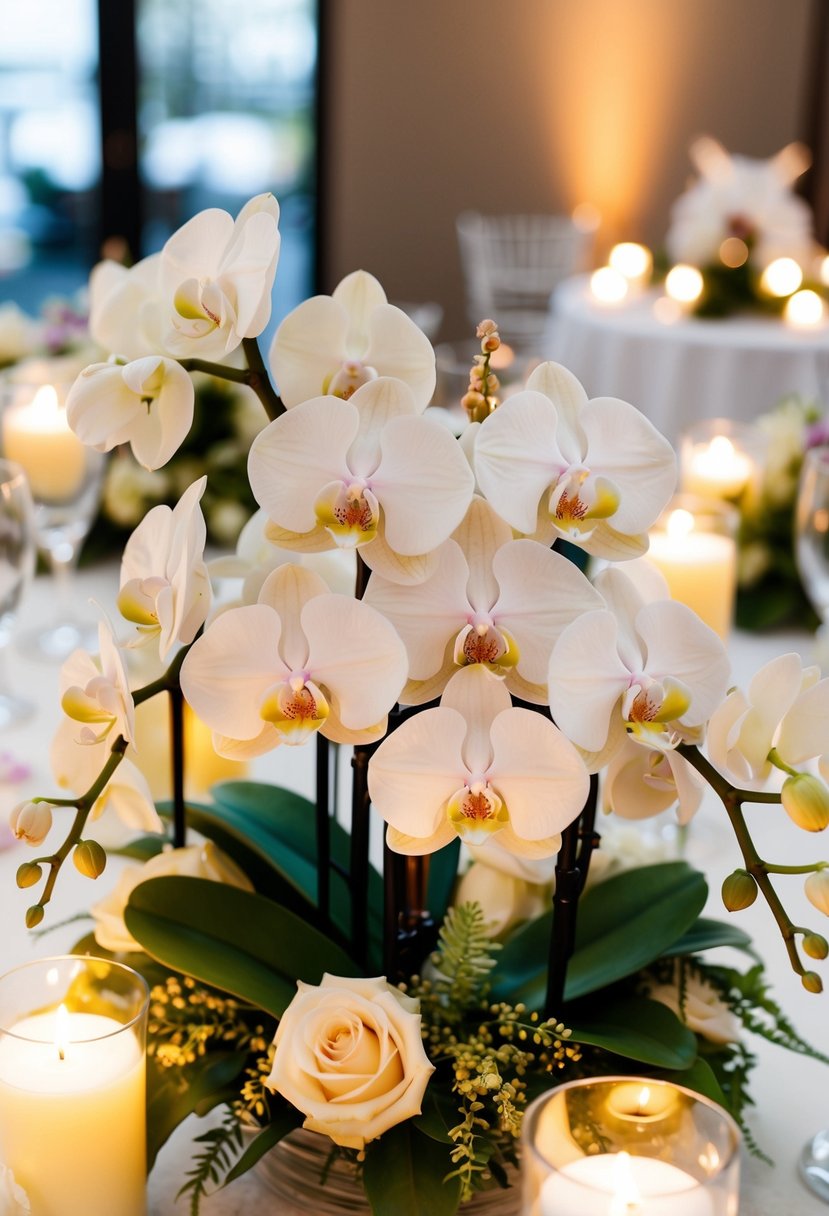 A table adorned with delicate orchids, surrounded by soft candlelight and elegant floral arrangements