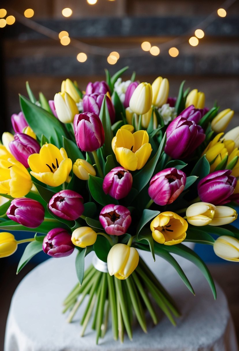 A vibrant bunch of seasonal tulips and freesias arranged in a stunning wedding bouquet