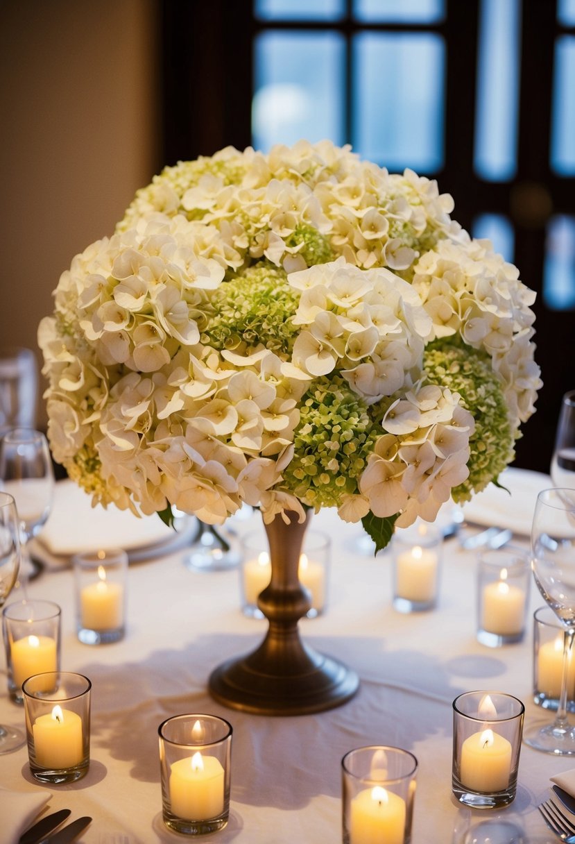 A centerpiece of sculptural hydrangeas adorns a wedding table, surrounded by elegant place settings and flickering tea lights