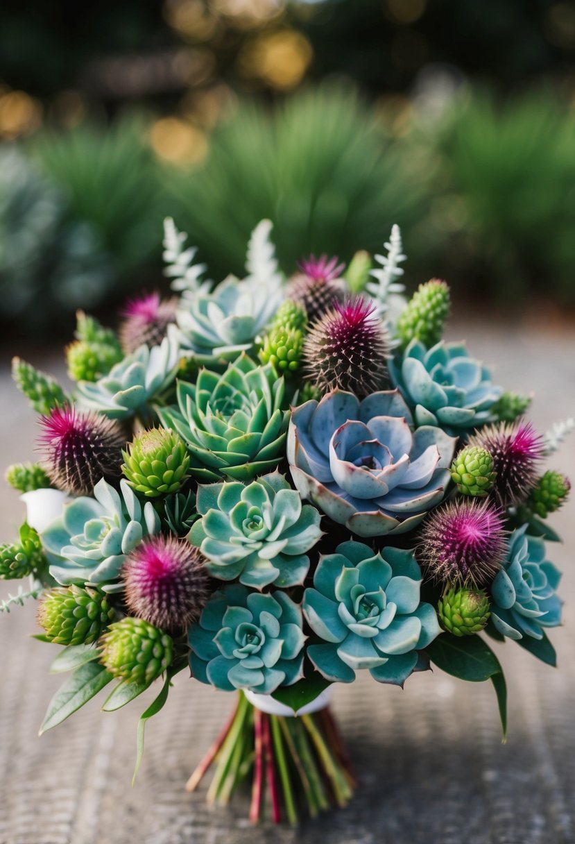 A chic assembly of succulents and thistles arranged in a stunning wedding bouquet