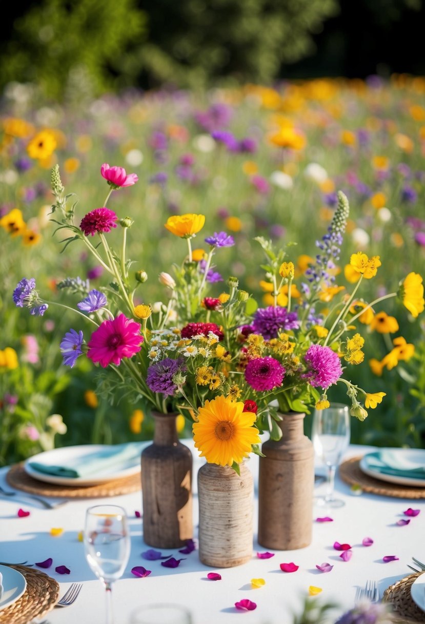 A vibrant wildflower meadow adorns a wedding table, with colorful blooms in rustic vases and scattered petals