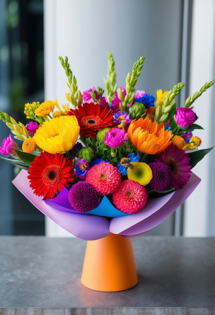 A colorful bouquet of flowers, inspired by K-pop, featuring vibrant and bold blooms arranged in a modern and stylish manner