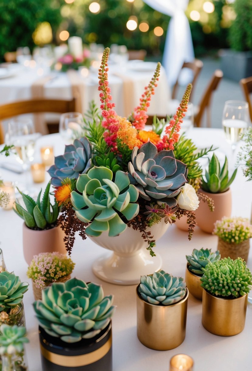 A collection of vibrant succulents and delicate flowers arranged in a variety of stylish containers, serving as a stunning centerpiece for a wedding reception table